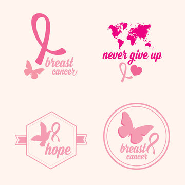 Breast cancer set of stickers. Pink ribbon, icon design.