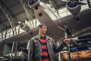 Man on airplanes exhibition.