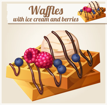 Waffles With Ice Cream And Berries. Detailed Vector Icon