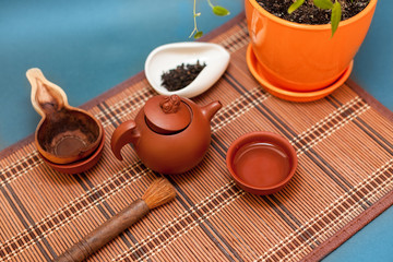 Chinese tea set on bamboo tray