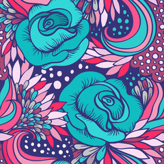 Vector abstract decorative vintage vivid wave and flowers pattern