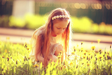 girl collects flowers childhood