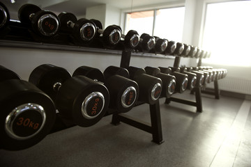 Neatly stacked dumbbells