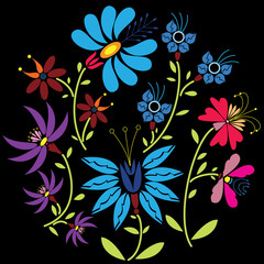 Color Folk Floral pattern in circle on black background
