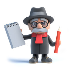 3d Old man with walking frame holding a notepad and pencil