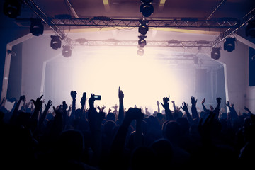 Raised hands on the concert in an old venue