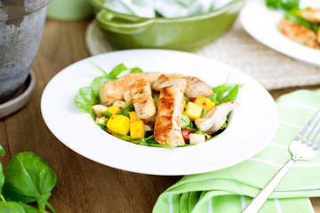 Frischer salat mit puten streifen und mango