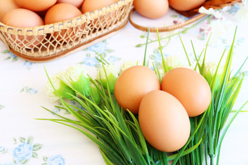 Eggs in the basket on wallpaper background