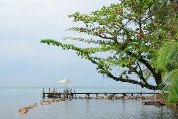Wooden bridge into the sea in summer time