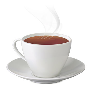 Cup of hot tea with steam and saucer on white background. Vector