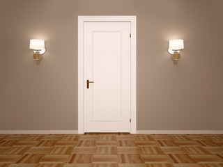 Fototapeta premium 3d illustration of white closed door with two lamps on each side
