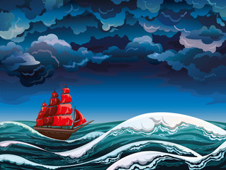 Naklejka premium Sailboat and shtorm.