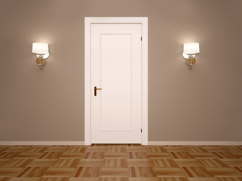 3d illustration of white closed door with two lamps on each side