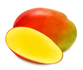 Fresh juicy two mango slices isolated on a white background. Ripe tropical fruit with antioxidant effect.