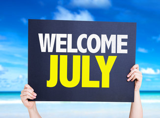 Welcome July card with beach background