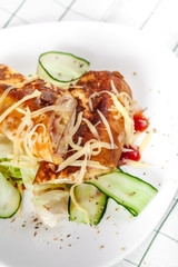 savory pancake filled with cheese and ham