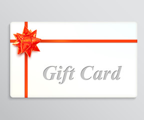 White gift card with a red bow and ribbons. Design element. Vect