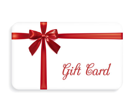 Gift card with a red bow and ribbons. Design element. Vector ill