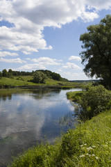 Fototapeta premium View from the shore of the river against the background of pine forest and cloudy sky