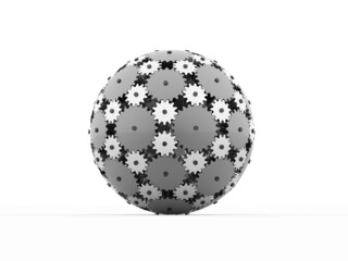 Silver gears on sphere isolated on white