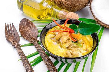 Hot coconut chicken soup with chili and curry