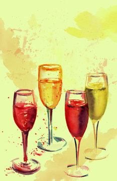Set of glasses with rose and white sparkling wine, watercolour drawing