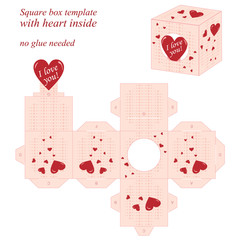Interesting square box template with red heart inside, no glue needed