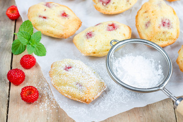 Sugar powdered madeleines with raspberry