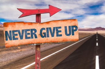 Never Give Up sign with road background - obrazy, fototapety, plakaty