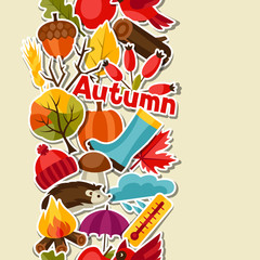 Seamless pattern with autumn sticker icons and objects