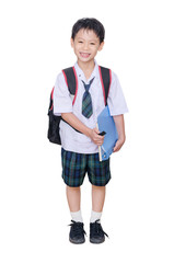 Asian student in uniform isolated on white background