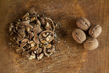 Walnuts on a wooden plank