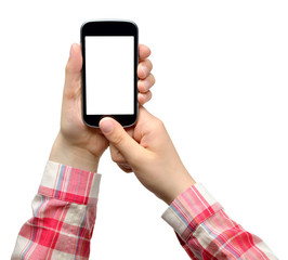 Teenage girl taking photo with smartphone isolated on white background 