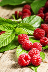 Fresh ripe raspberries with large leaves on the old wooden table