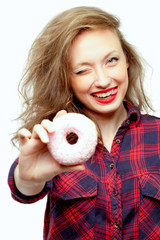 beautiful teenager with a pink donuts 0