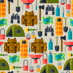 Tourist seamless pattern with camping equipment in flat style