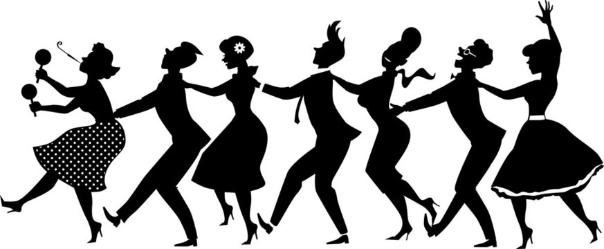 Black vector silhouette of group of people dressed in late 1950s early 1960s fashion dancing conga line, no white objects, EPS 8