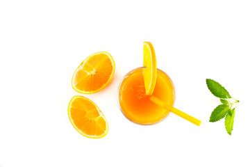 Orange juice with mint and slices of fresh orange .