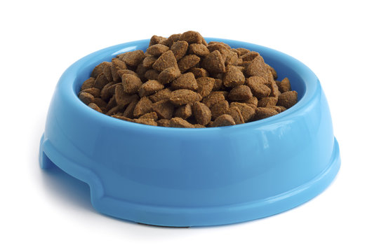 Dry Cat Food In Blue Bowl Isolated On White.