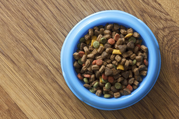 Dry cat food in blue bowl isolated on wood floor from above.