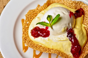 cake with jam ice cream