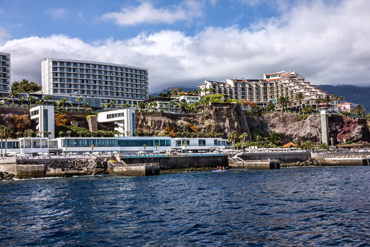 Madeira island, Portugal. Seafront hotels of Funchal.