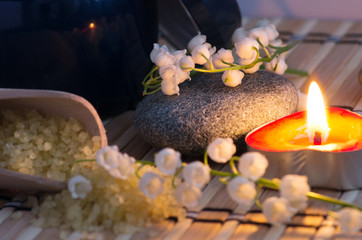 Flowers in a bowl color of brown with sea salt for SPA