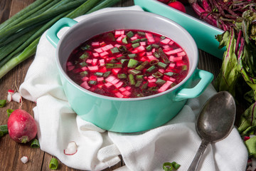 Beetroot soup with chives and radishes