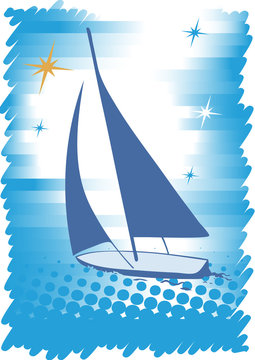 Blue yacht.Abstract sea motive.Blue background