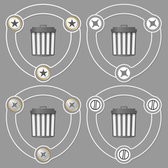 Set of four flat icons and trashcan