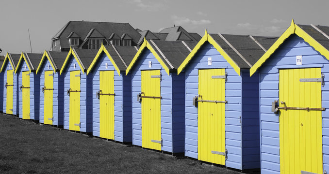 Beach Huts at Felpham Beach, West Sussex, UK.