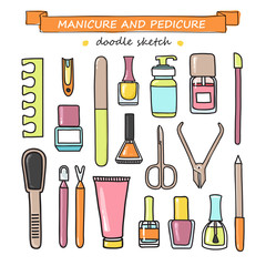 Vector set of manicure and pedicure doodle equipment.