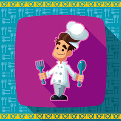 Set of icons on a theme kitchen. Funny cooks in style flat.