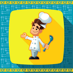 Set of icons on a theme kitchen. Funny cooks in style flat.